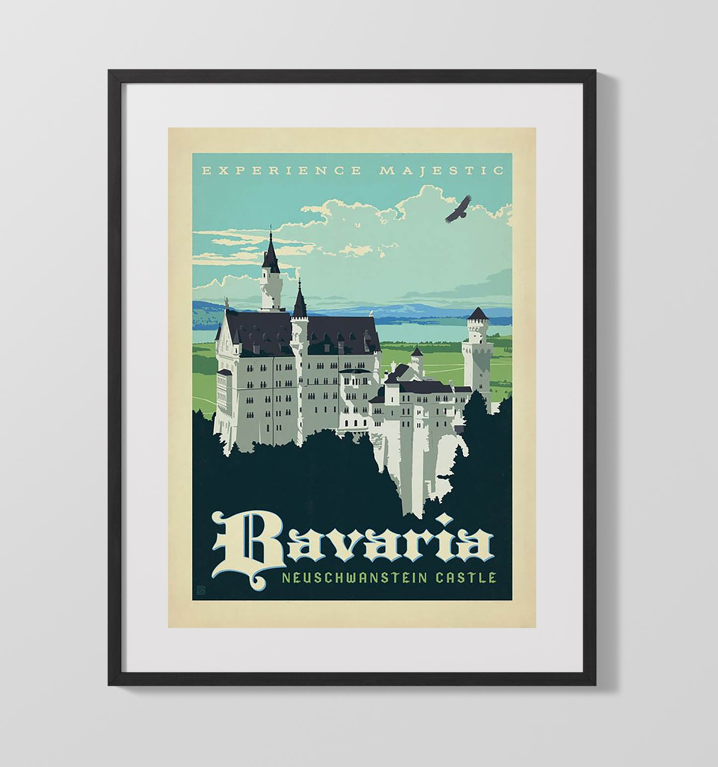 Bavaria Neuschwanstein Castle Vintage Travel Print 16x20 Gallery Frame travel wall art print