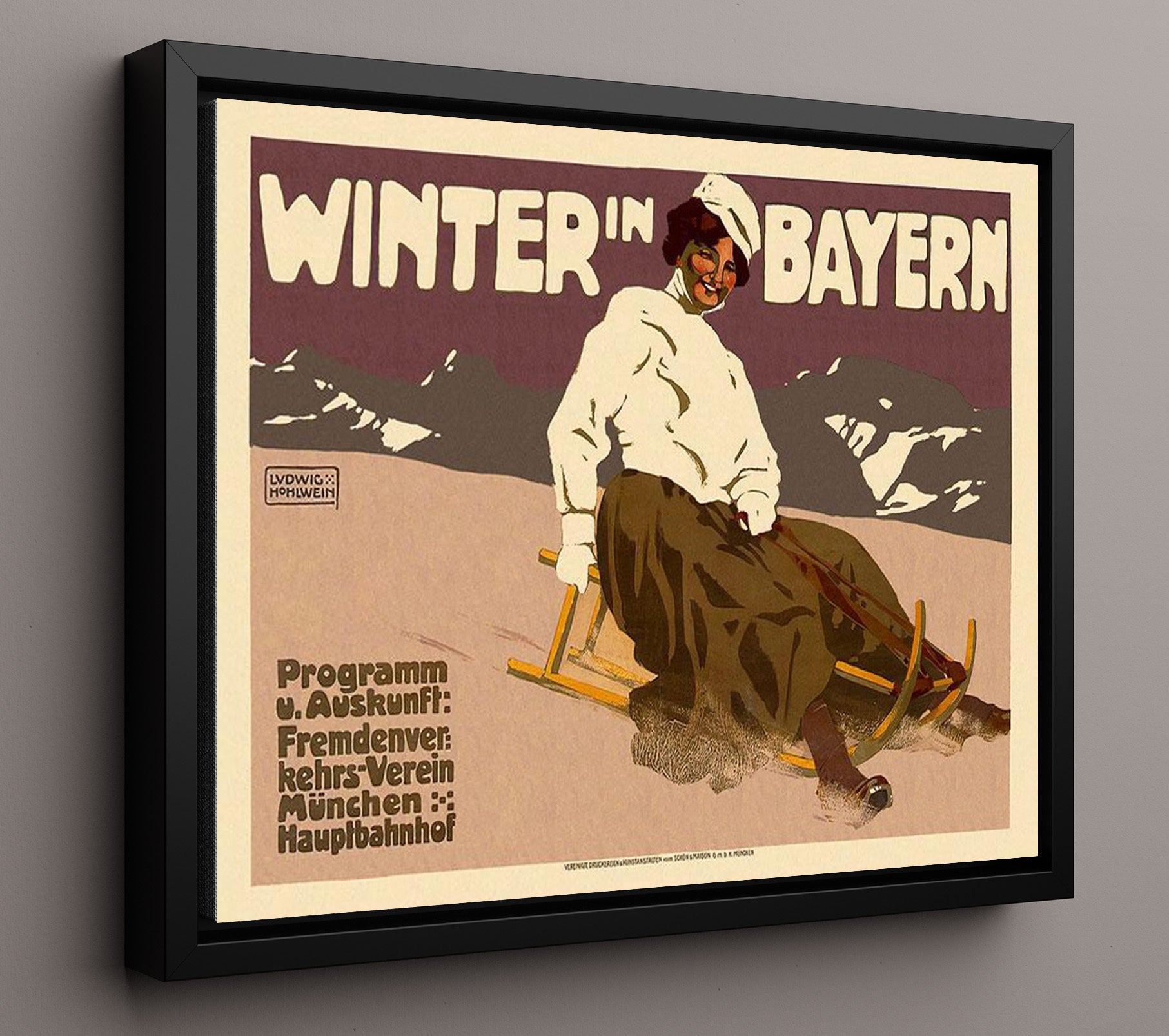 Bavaria Winter Sledding Alps Vintage Travel Print 16x20 Framed Canvas travel wall art print