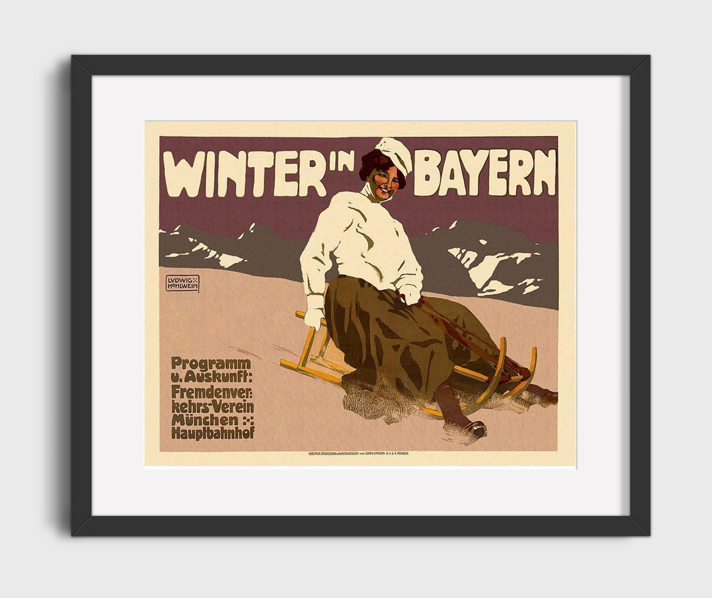 Bavaria Winter Sledding Alps Vintage Travel Print 16x20 Gallery Frame travel wall art print