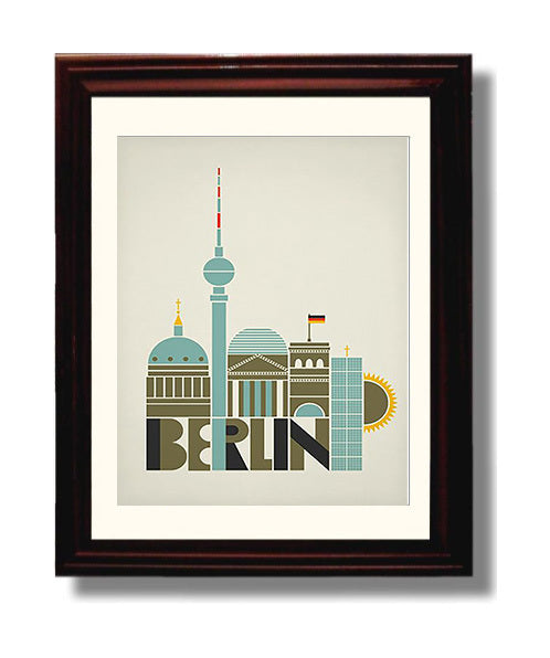 Berlin Landmarks Skyline Vintage Travel Print 8x10 Beveled Frame travel wall art print