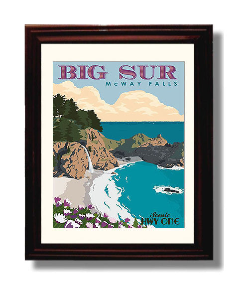 Big Sur McWay Falls Hwy One Vintage Travel Print 8x10 Beveled Frame travel wall art print