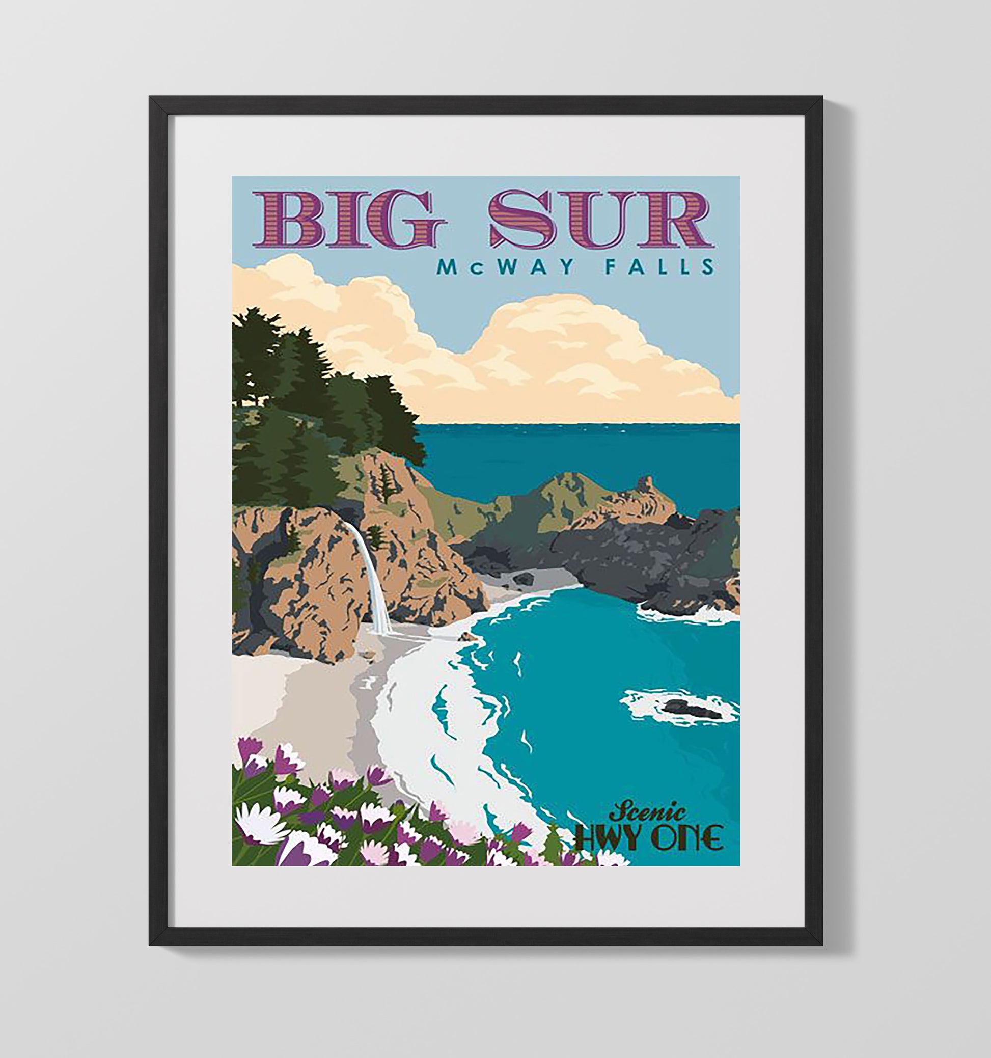Big Sur McWay Falls Hwy One Vintage Travel Print 16x20 Gallery Frame travel wall art print