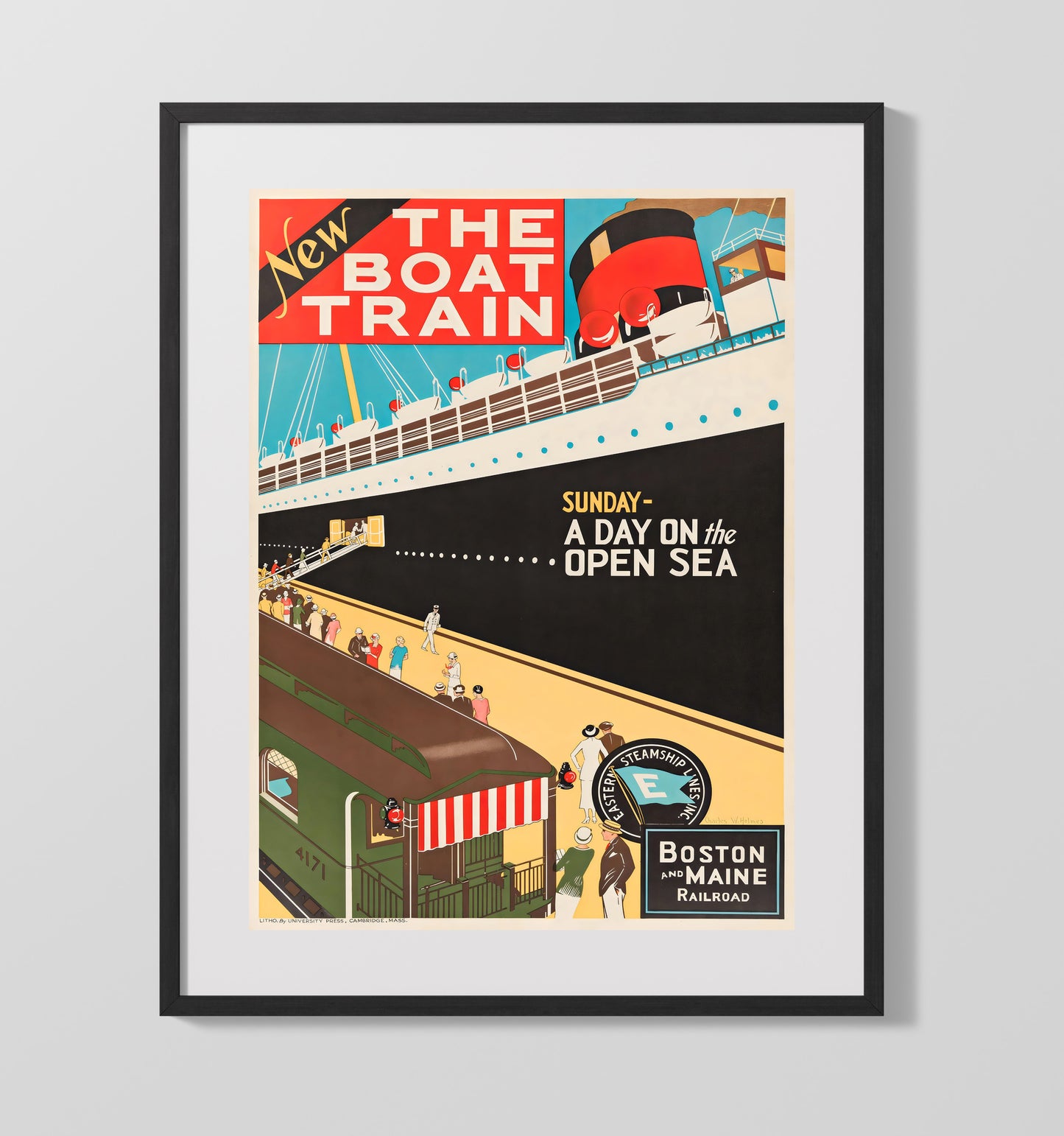 Boston Boat Train Vintage Travel Print 16x20 Gallery Frame travel wall art print