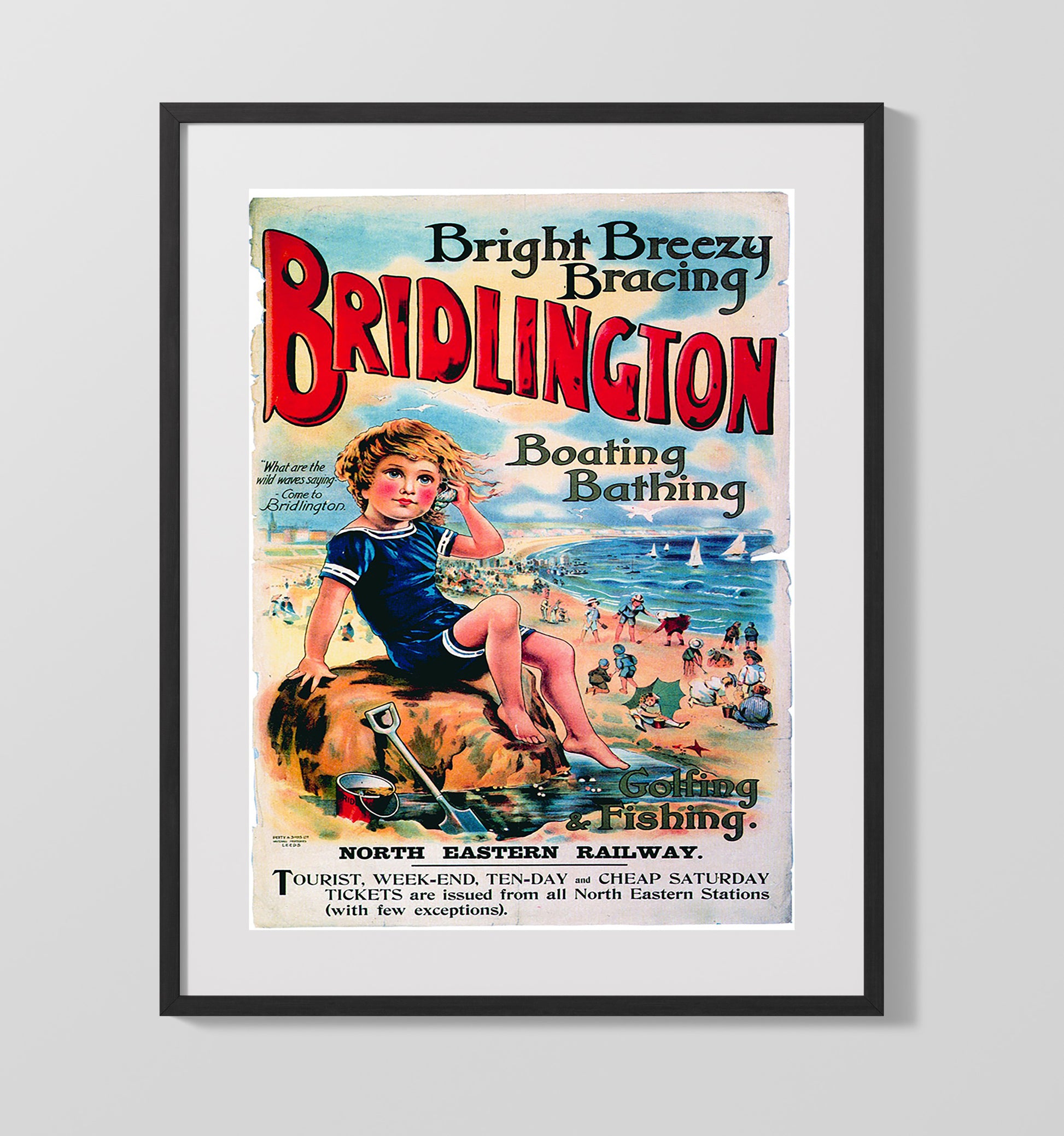 Bridlington Child with Seashell Vintage Travel Print 16x20 Gallery Frame travel wall art print