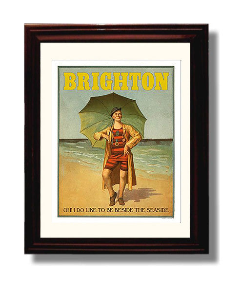 Brighton Bathing Suit Umbrella Vintage Travel Print 8x10 Beveled Frame travel wall art print