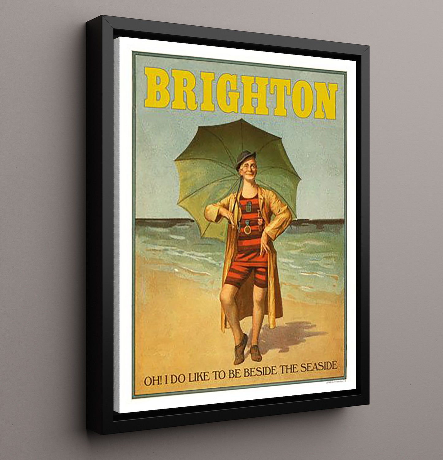 Brighton Bathing Suit Umbrella Vintage Travel Print 16x20 Framed Canvas travel wall art print