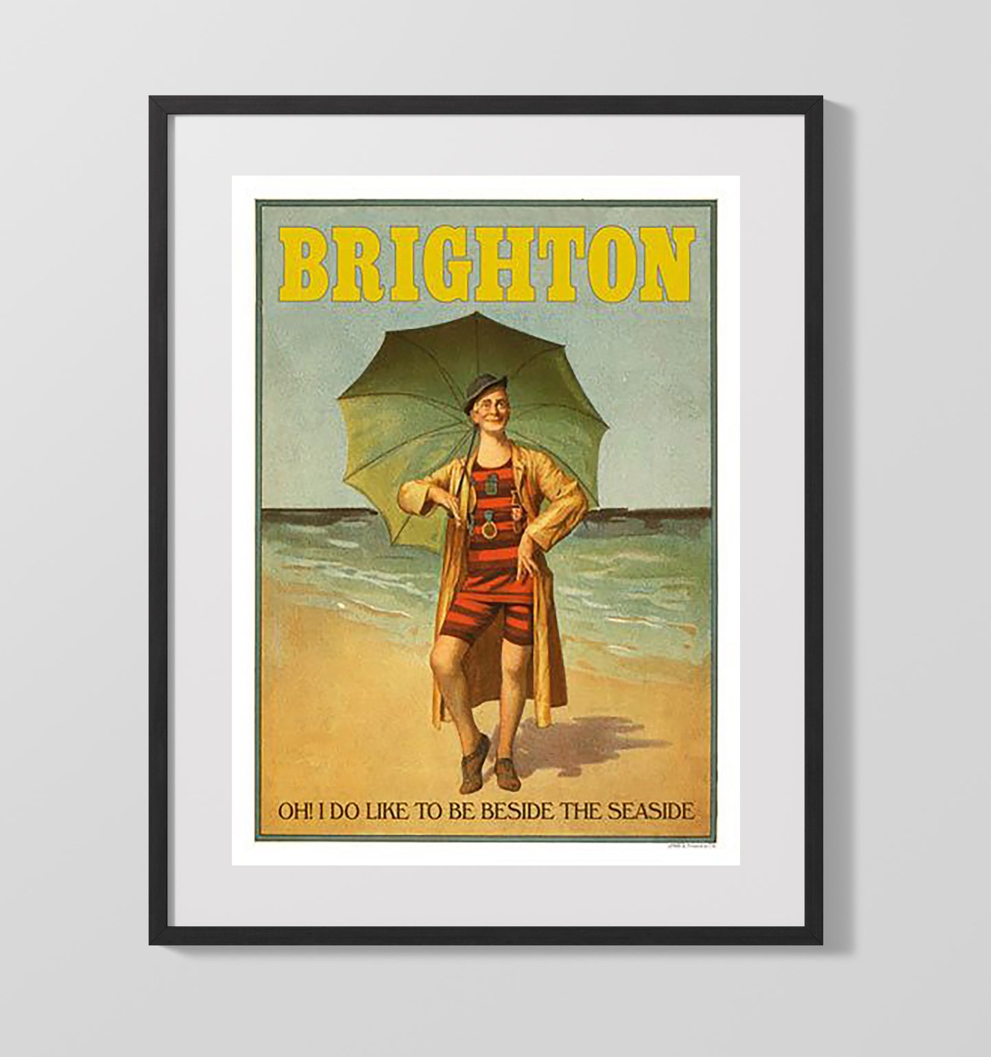 Brighton Bathing Suit Umbrella Vintage Travel Print 16x20 Gallery Frame travel wall art print