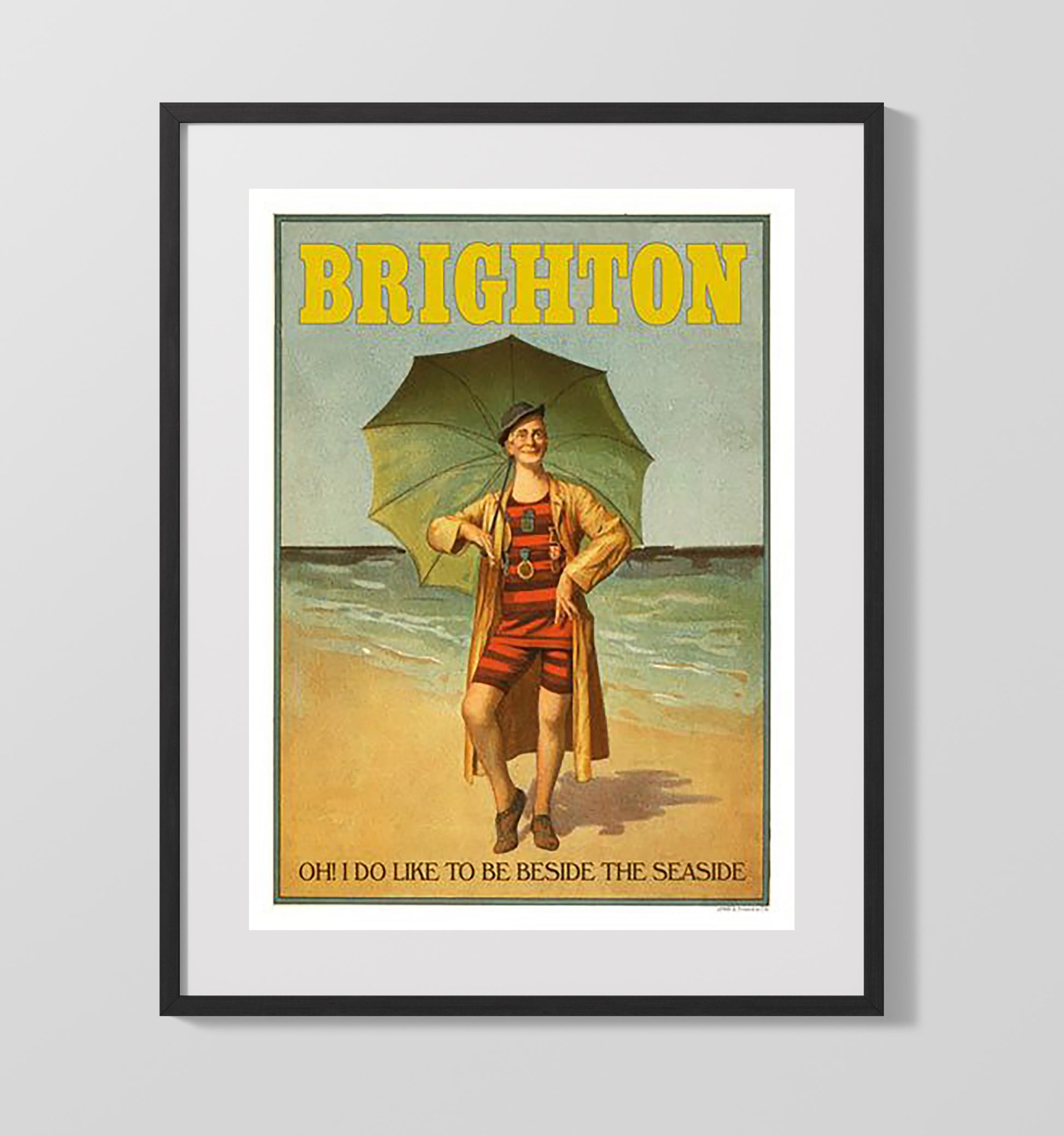 Brighton Bathing Suit Umbrella Vintage Travel Print 16x20 Gallery Frame travel wall art print
