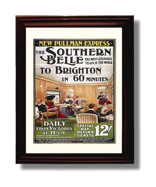 Brighton Train Vintage Travel Print 8x10 Beveled Frame travel wall art print