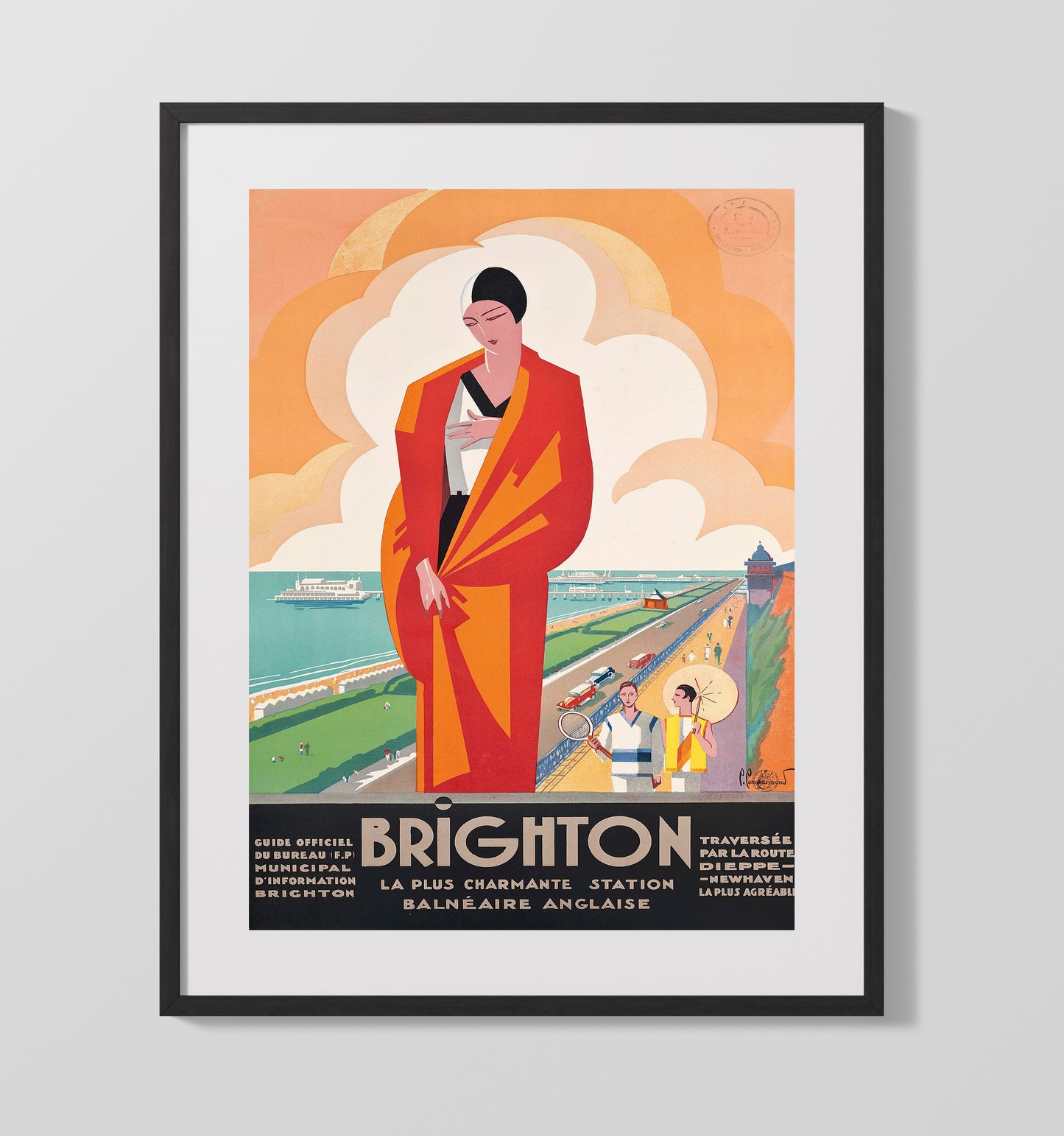 Brighton Seaside Walk Vintage Travel Print 16x20 Gallery Frame travel wall art print