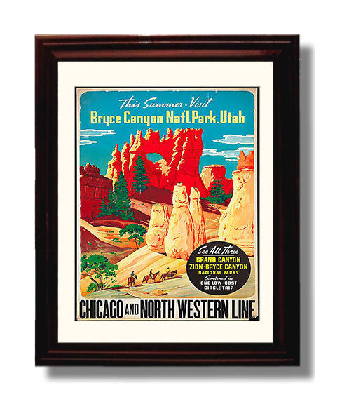 Bryce Canyon Utah National Park Vintage Travel Print 8x10 Beveled Frame travel wall art print
