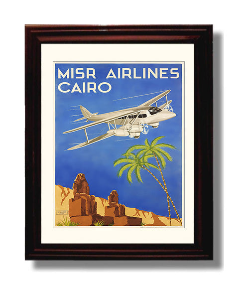 Cairo Misr Airlines Vintage Travel Print 8x10 Beveled Frame travel wall art print