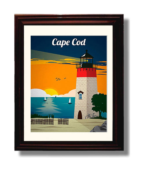 Cape Cod Lighthouse Vintage Travel Print 8x10 Beveled Frame travel wall art print