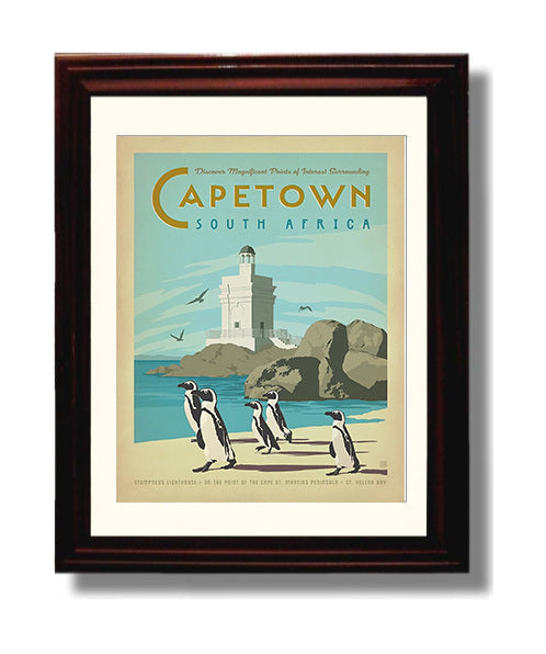 Cape Town Table Mountain and Penguins Vintage Travel Print 8x10 Beveled Frame travel wall art print