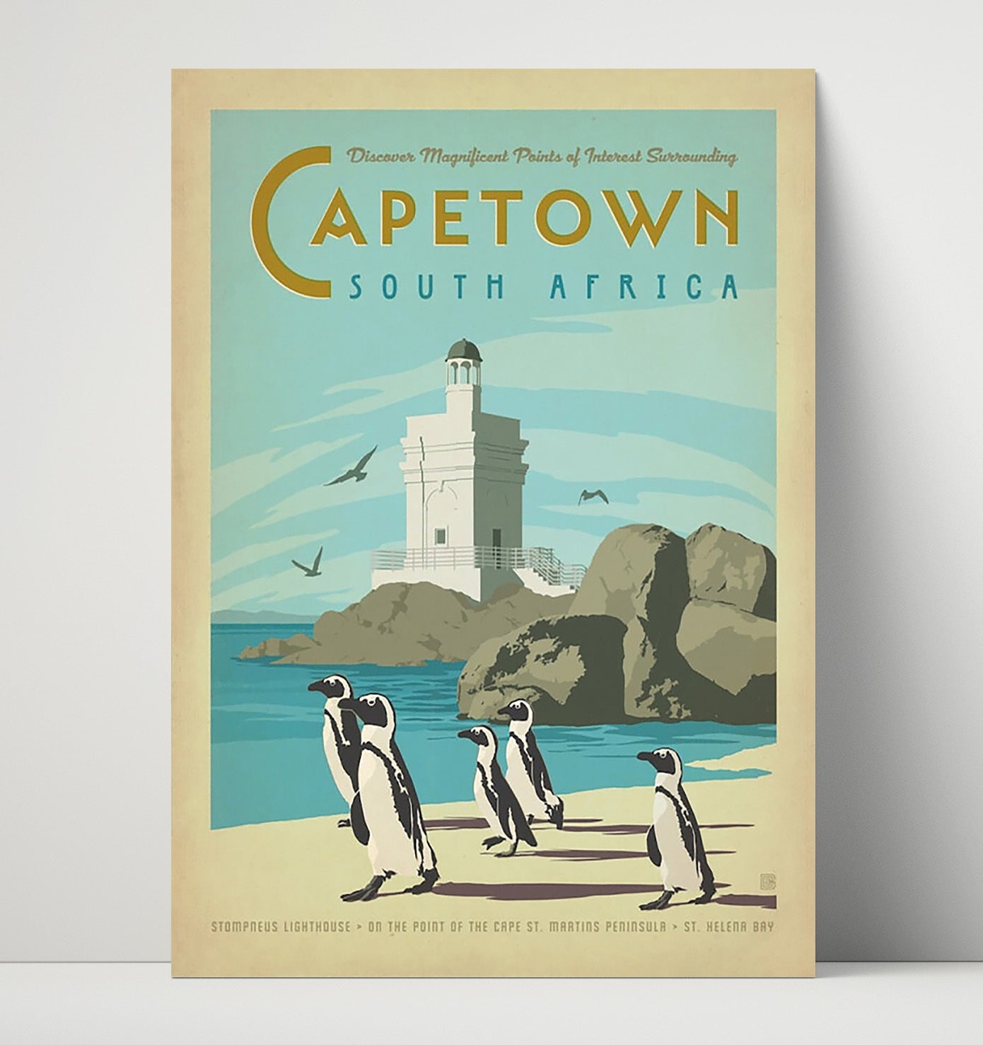 Cape Town Table Mountain and Penguins Vintage Travel Print 16x20 Unframed Print travel wall art print