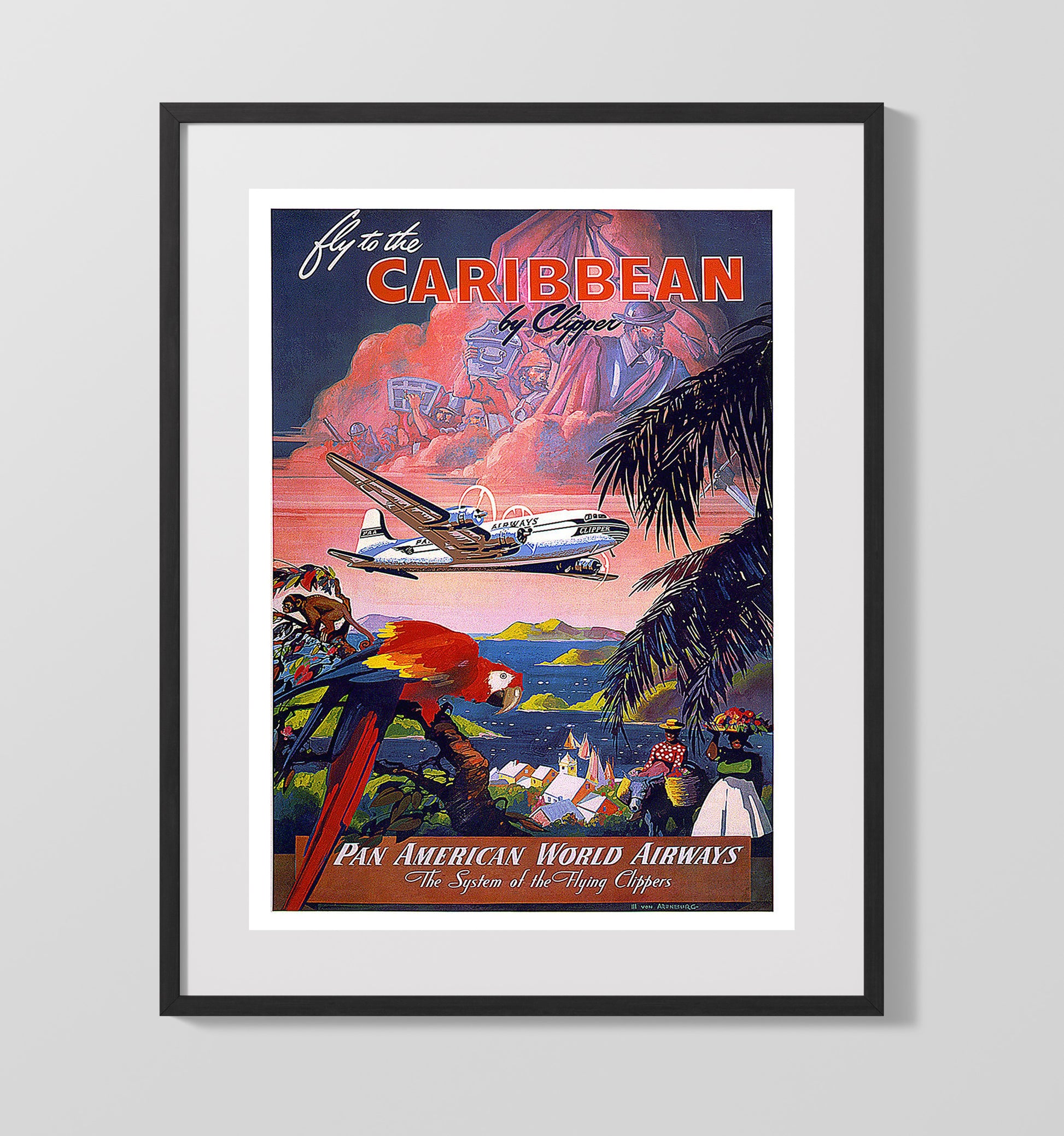 Caribbean PanAm Vintage Travel Print 16x20 Gallery Frame travel wall art print
