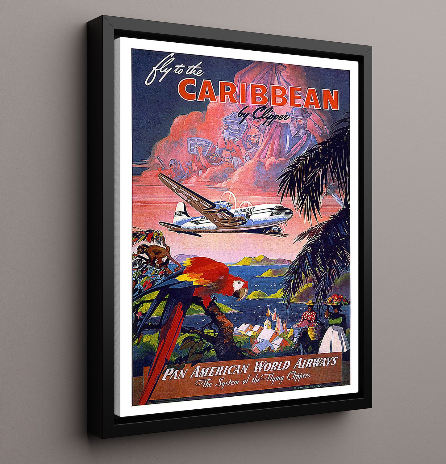 Caribbean PanAm Vintage Travel Print 16x20 Framed Canvas travel wall art print