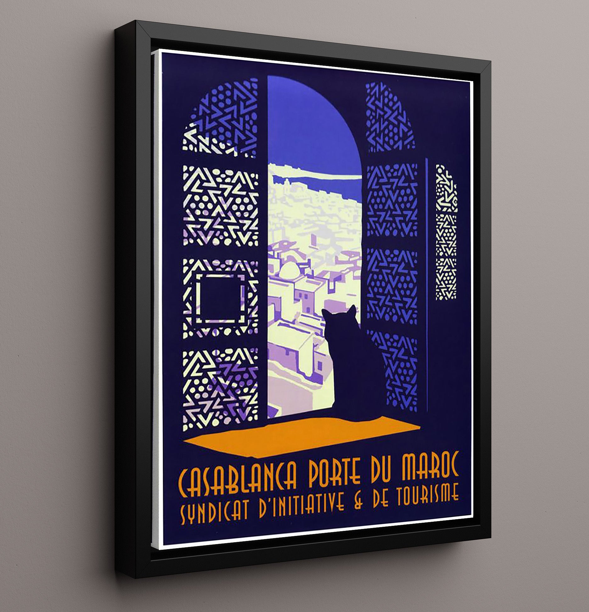 Casablanca Porte du Maroc with Cat Vintage Travel Print 16x20 Framed Canvas travel wall art print