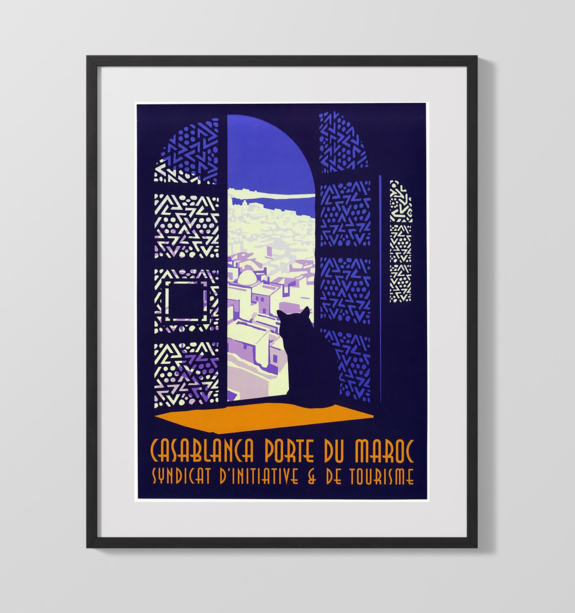 Casablanca Porte du Maroc with Cat Vintage Travel Print 16x20 Gallery Frame travel wall art print