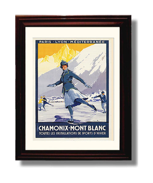 Chamonix Mont Blanc Winter Sports Vintage Travel Print 8x10 Beveled Frame travel wall art print