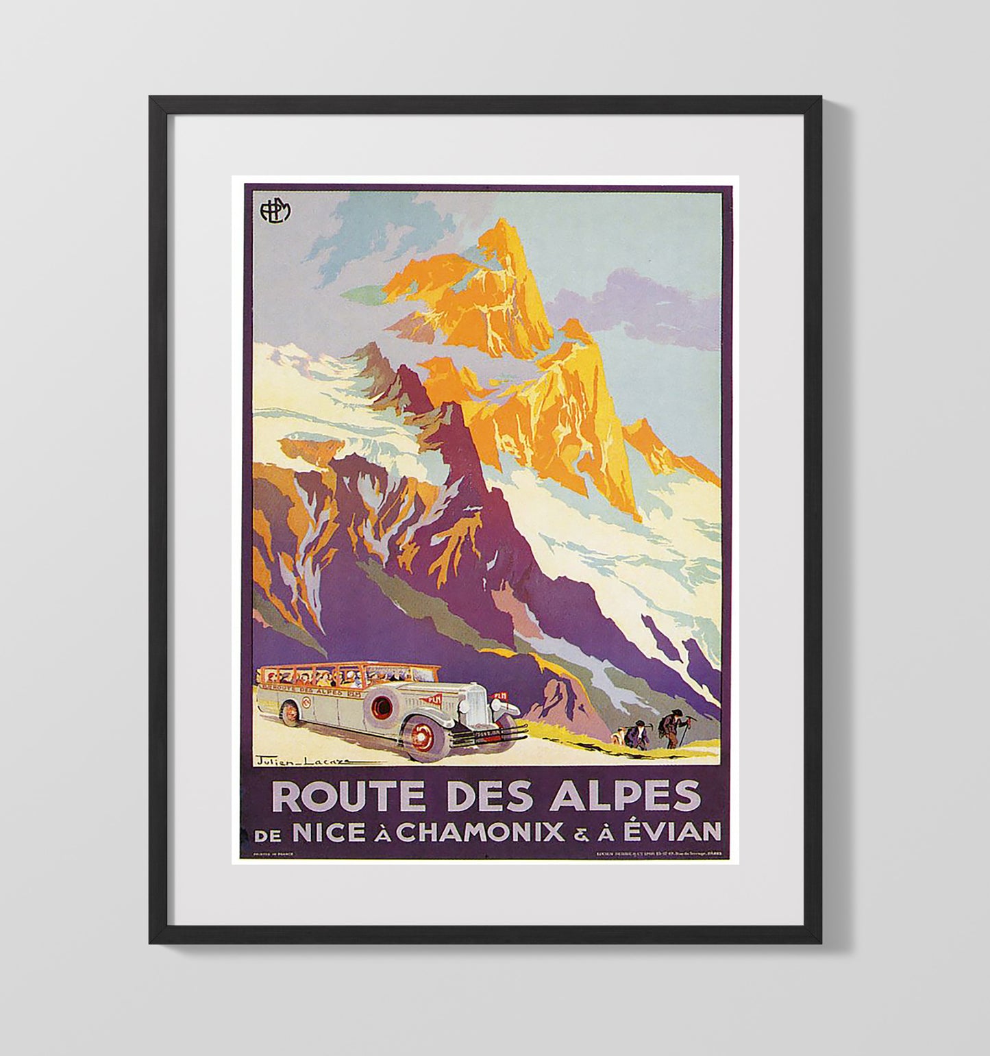 Chamonix Route des Alpes Vintage Travel Print 16x20 Gallery Frame travel wall art print