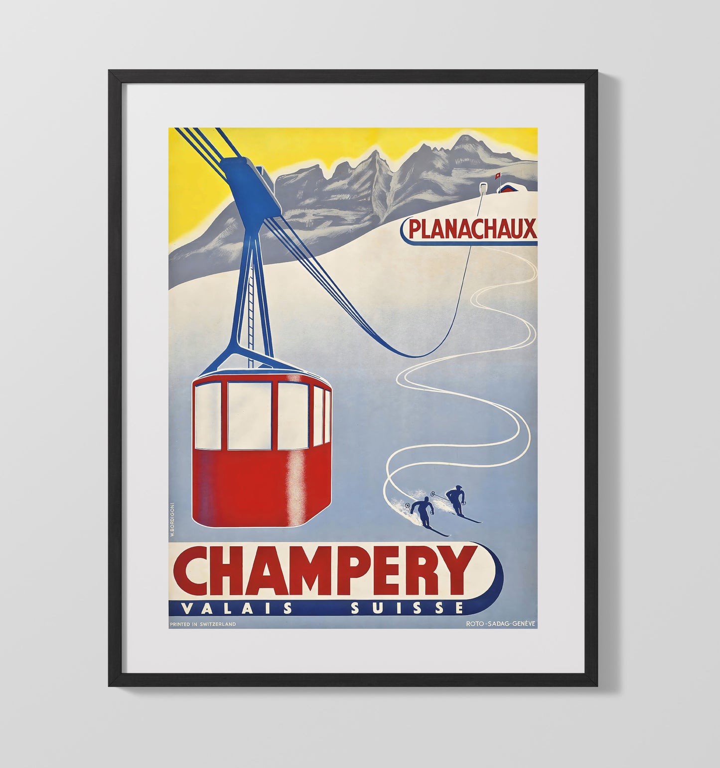 Champery Planachaux Ski Cable Car Vintage Travel Print 16x20 Gallery Frame travel wall art print