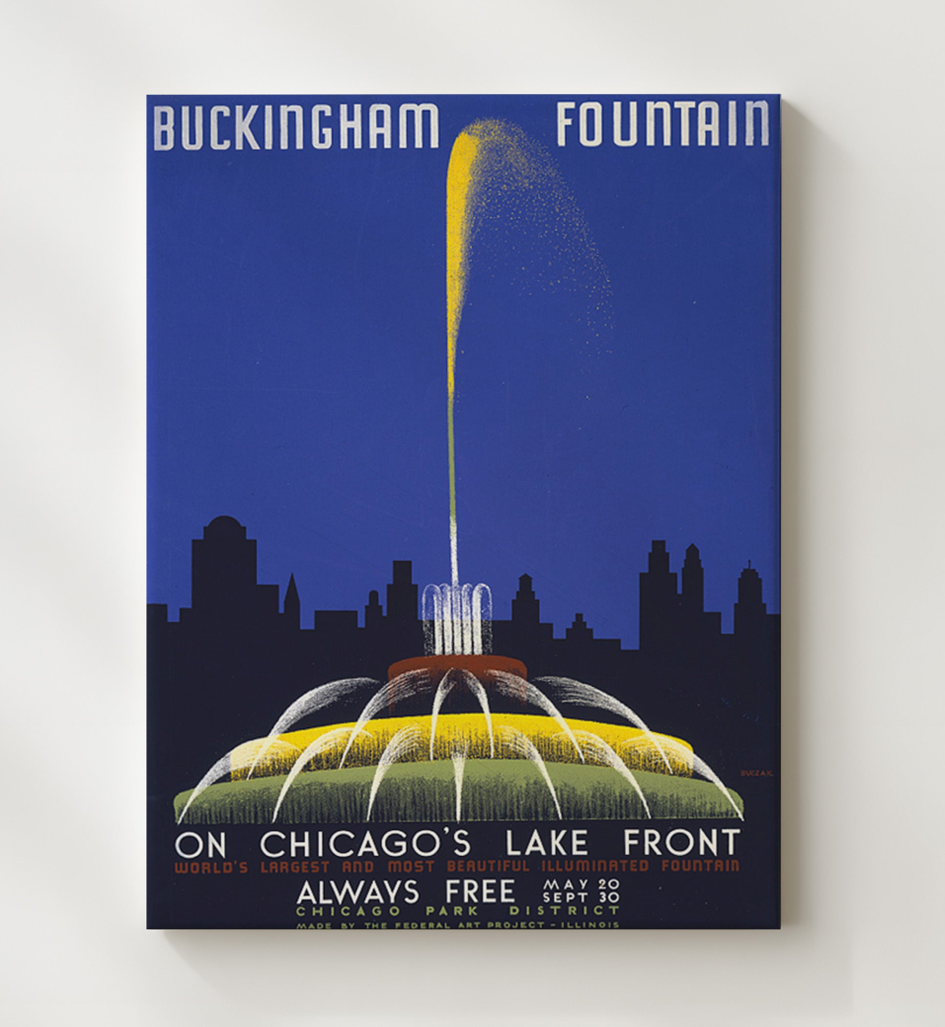 Chicago Buckingham Fountain Vintage Travel Print 20x24 Canvas travel wall art print
