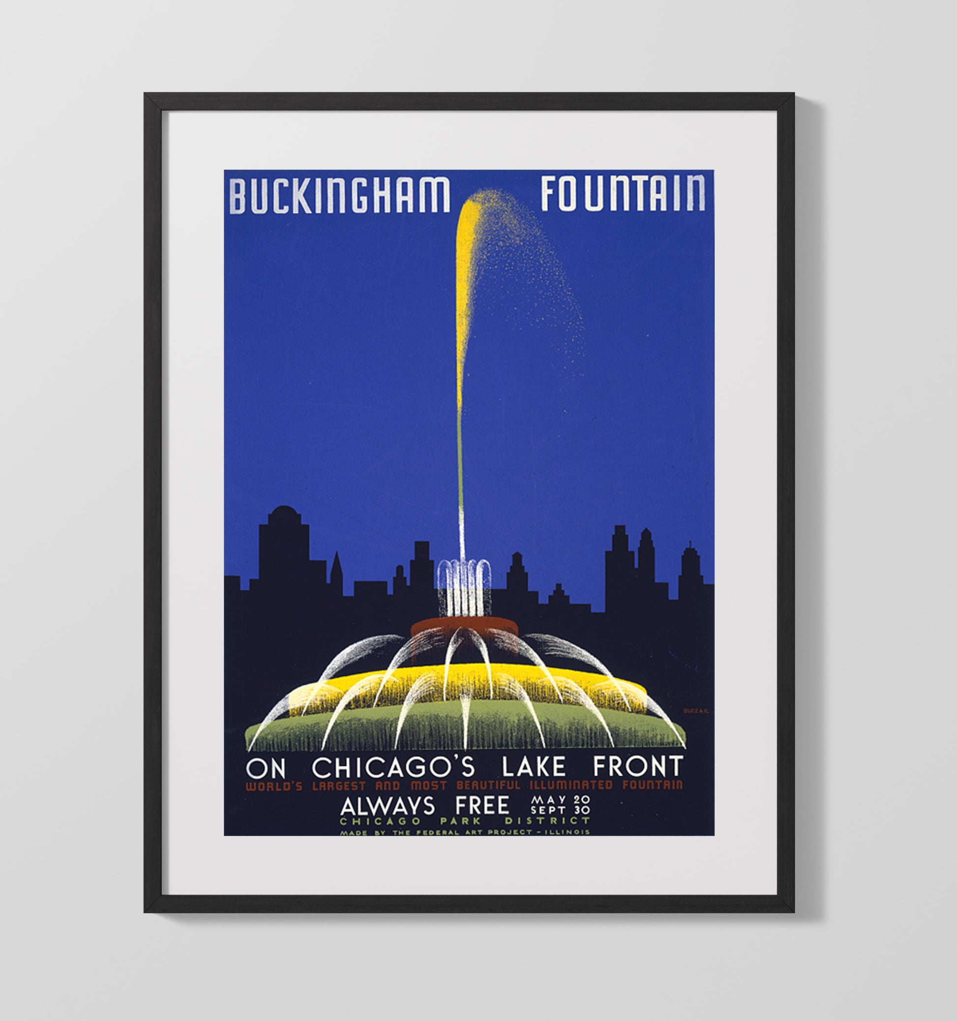 Chicago Buckingham Fountain Vintage Travel Print 16x20 Gallery Frame travel wall art print