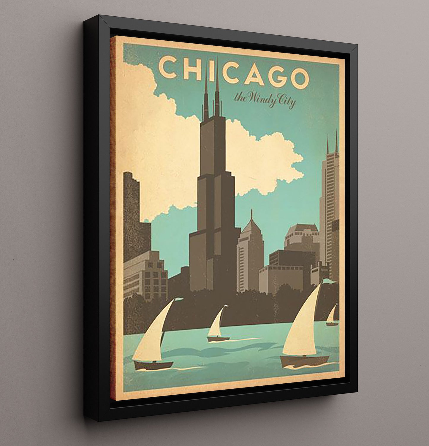 Chicago The Windy City Vintage Travel Print 16x20 Framed Canvas travel wall art print