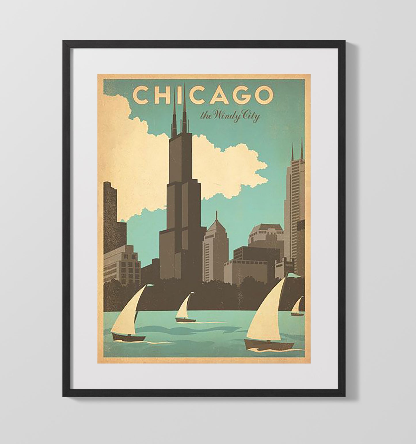 Chicago The Windy City Vintage Travel Print 16x20 Gallery Frame travel wall art print