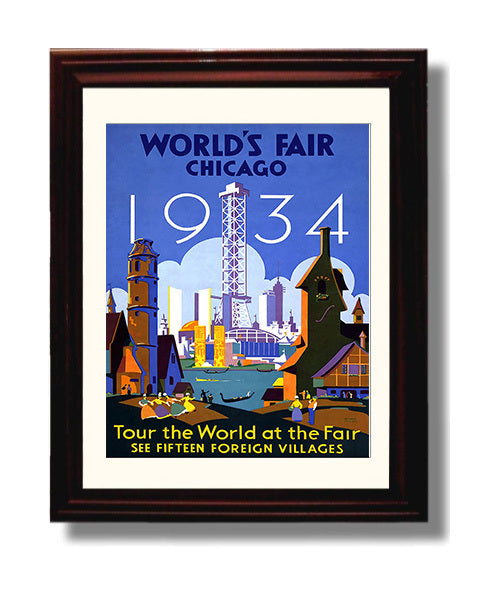 Chicago Worlds Fair 1934 Vintage Travel Print 8x10 Beveled Frame travel wall art print