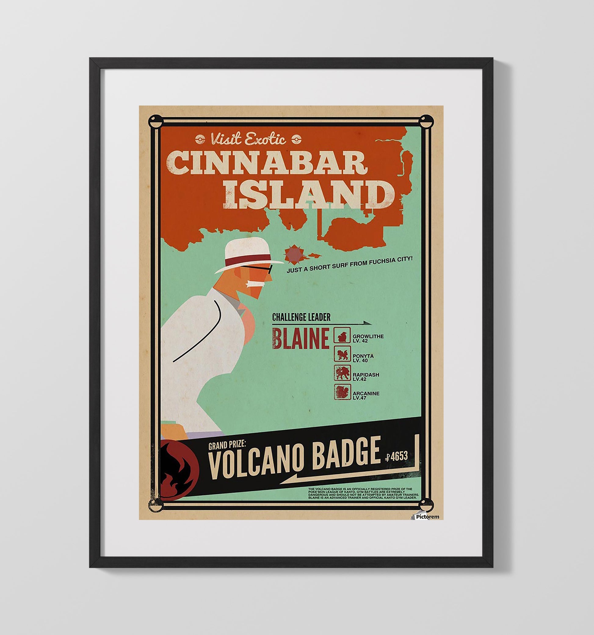 Cinnabar Island Volcano Badge Vintage Travel Print 16x20 Gallery Frame travel wall art print
