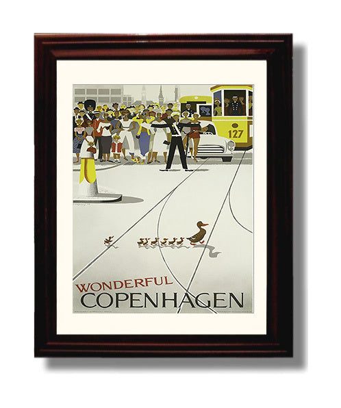 Copenhagen Ducklings Crossing and Tram Vintage Travel Print 8x10 Beveled Frame travel wall art print