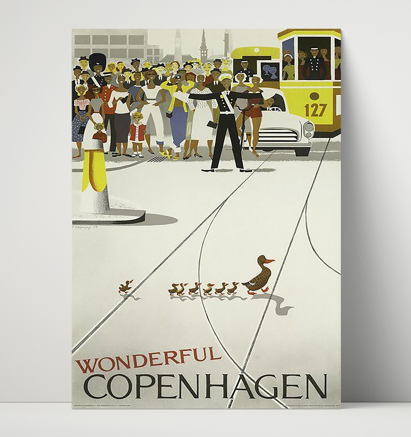 Copenhagen Ducklings Crossing and Tram Vintage Travel Print 16x20 Unframed Print travel wall art print