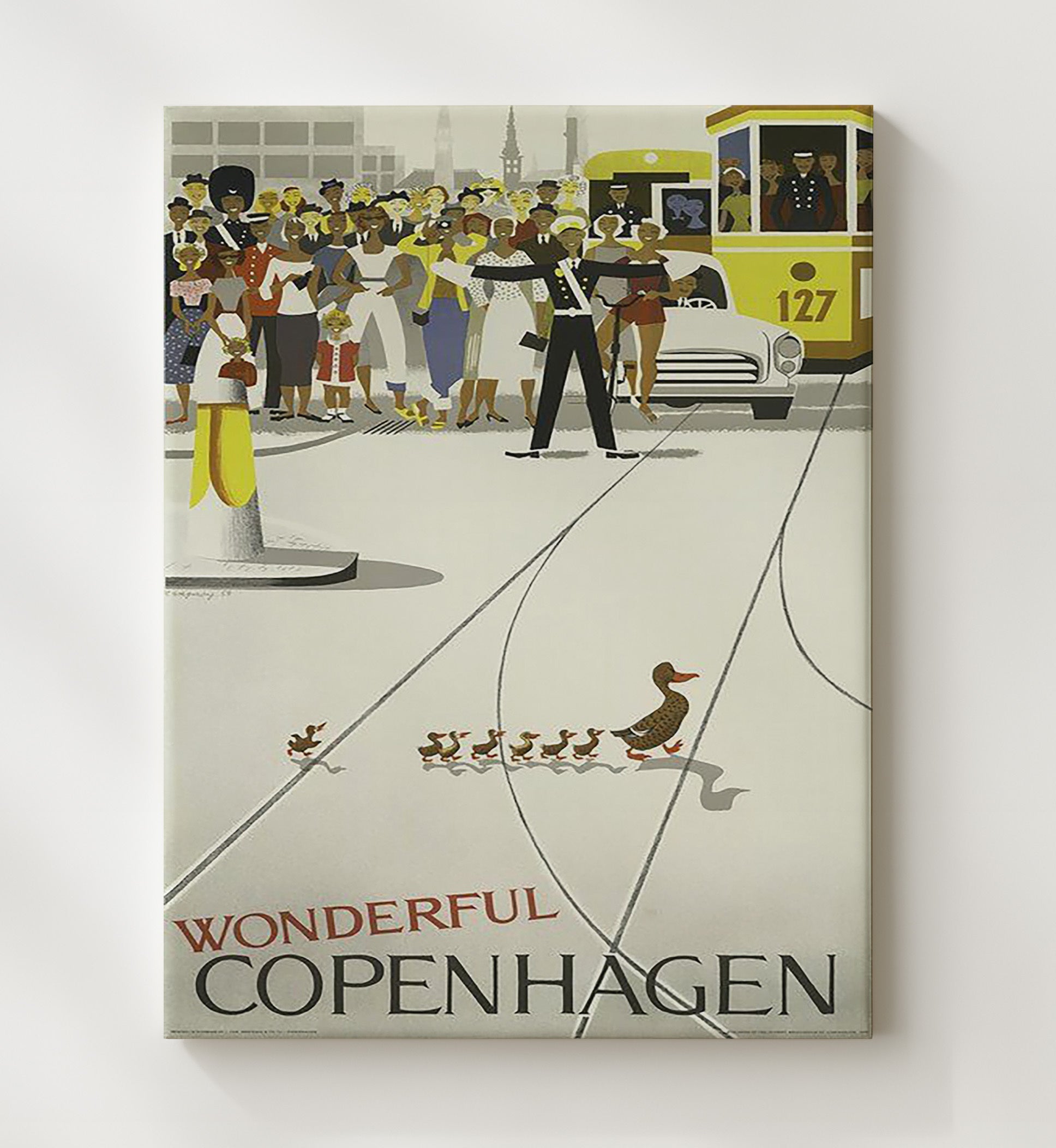 Copenhagen Ducklings Crossing and Tram Vintage Travel Print 20x24 Canvas travel wall art print
