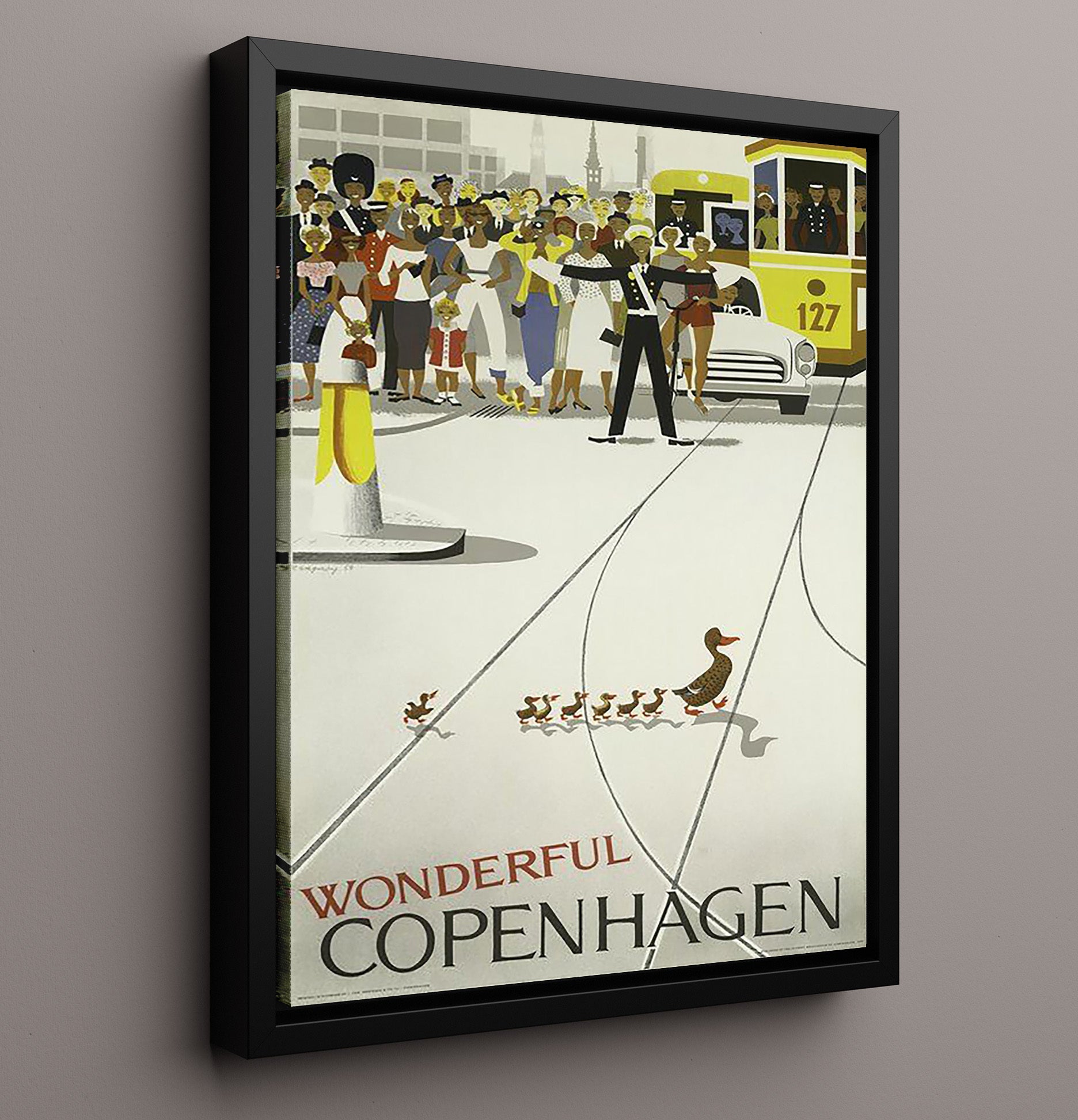 Copenhagen Ducklings Crossing and Tram Vintage Travel Print 16x20 Framed Canvas travel wall art print
