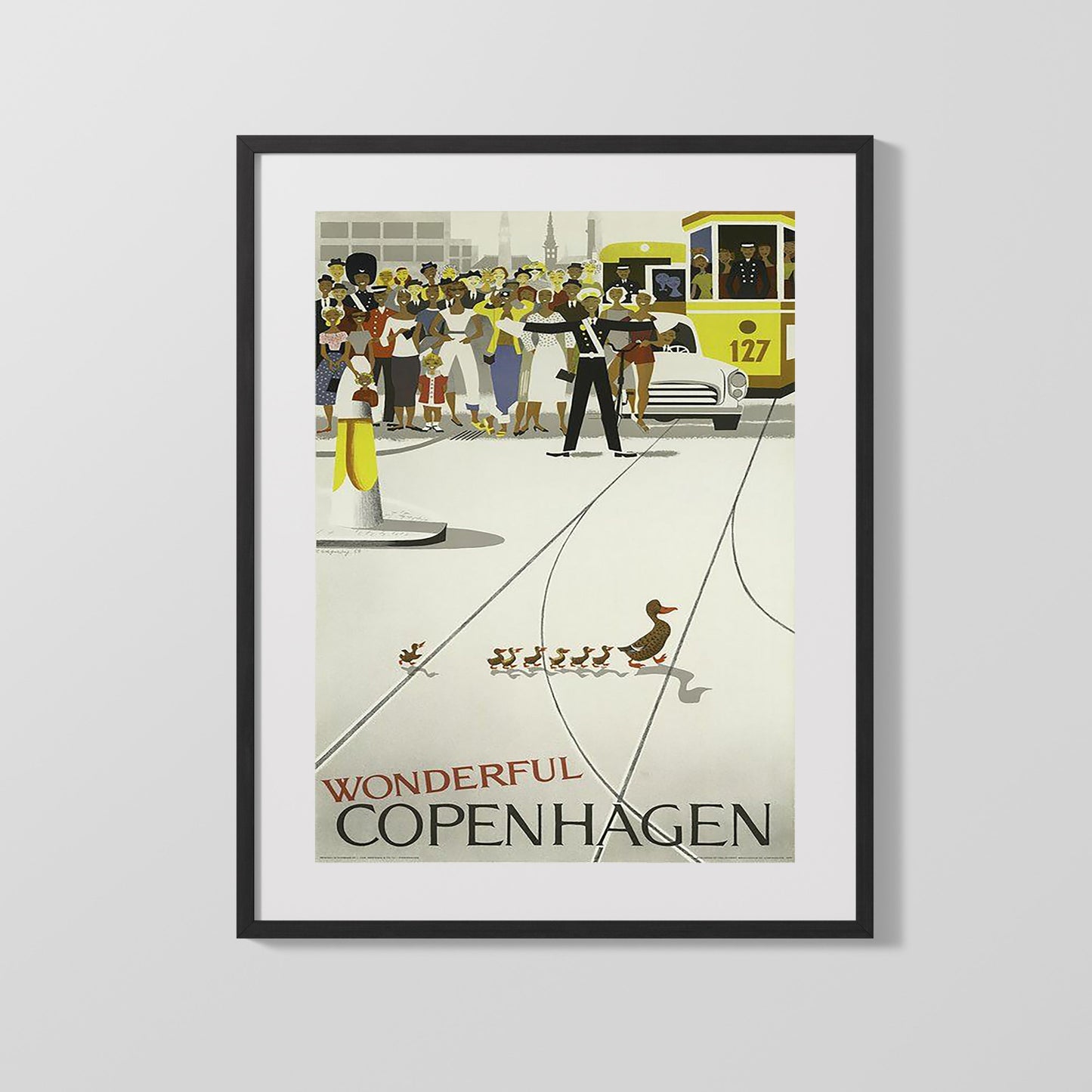 Classic Travel Poster - Copenhagen - Ducklings Crossing and Tram