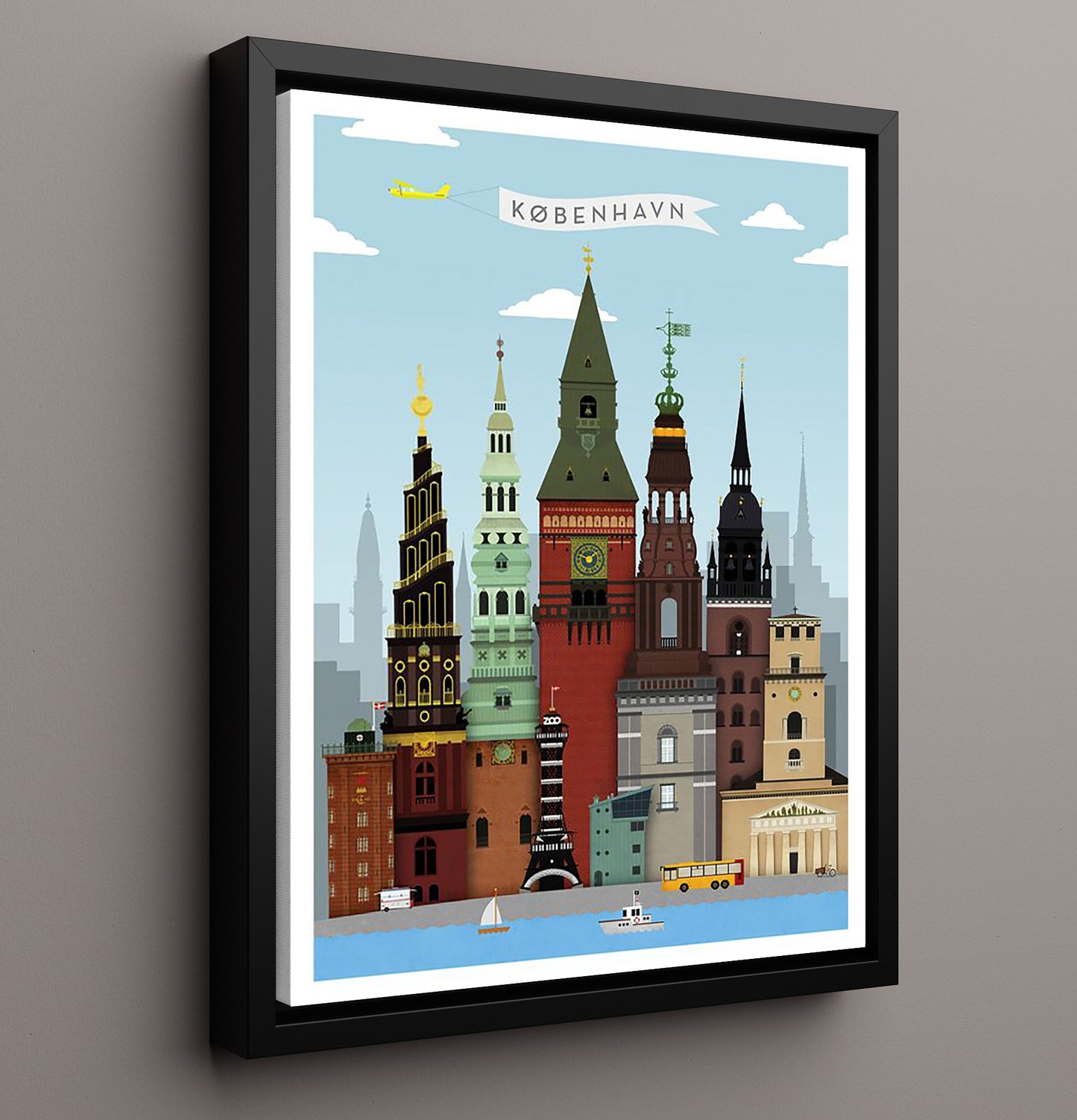 Copenhagen Skyline Vintage Travel Print 16x20 Framed Canvas travel wall art print