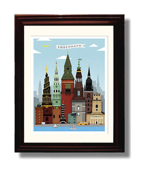 Copenhagen Skyline Vintage Travel Print 8x10 Beveled Frame travel wall art print