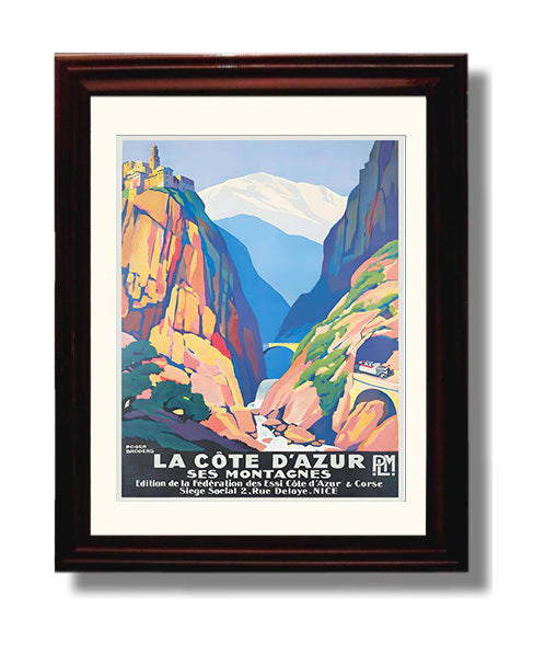 Cote dAzur Mountains Vintage Travel Print 8x10 Beveled Frame travel wall art print