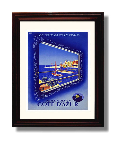 Cote dAzur Train Vintage Travel Print 8x10 Beveled Frame travel wall art print