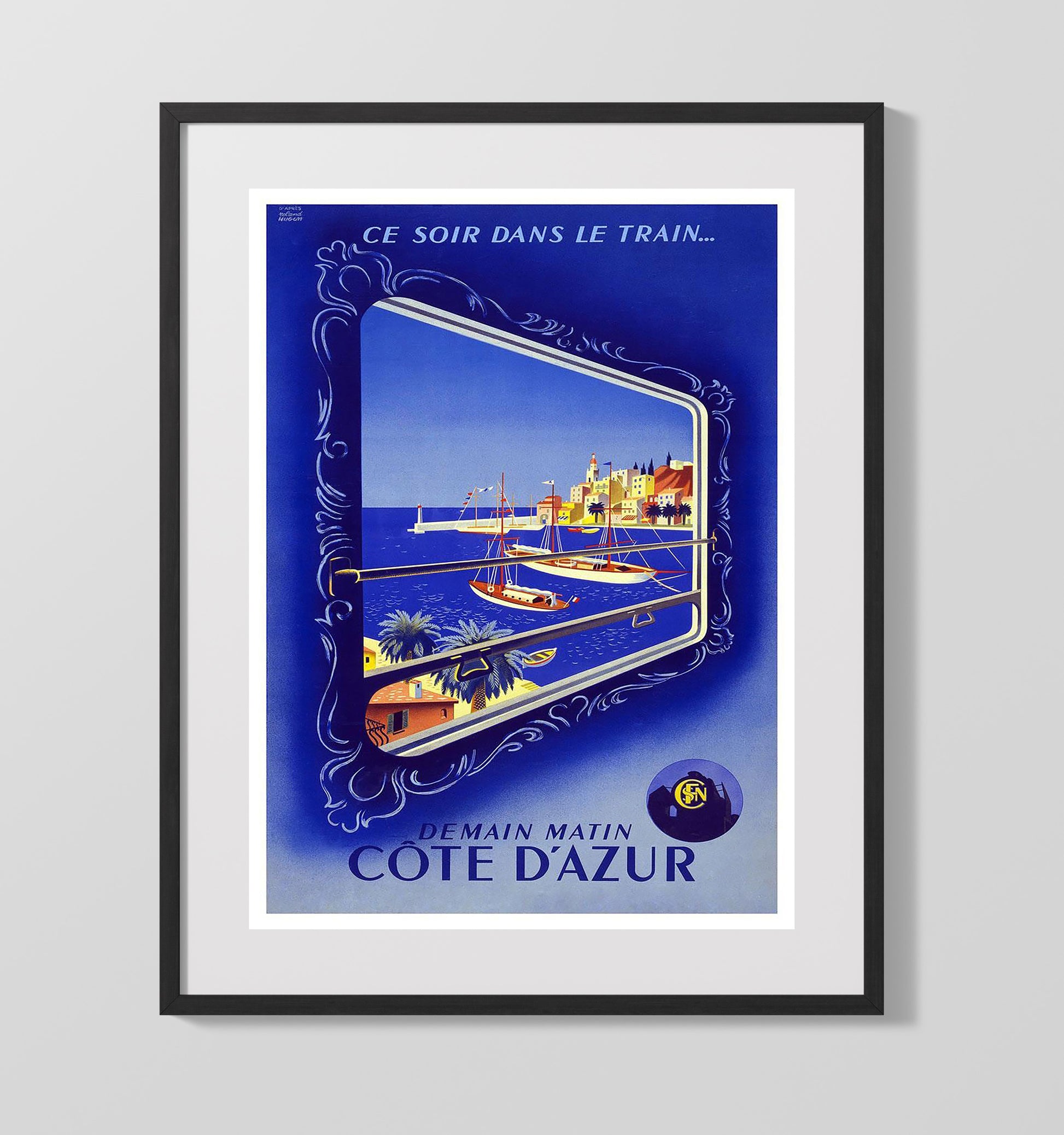 Cote dAzur Train Vintage Travel Print 16x20 Gallery Frame travel wall art print