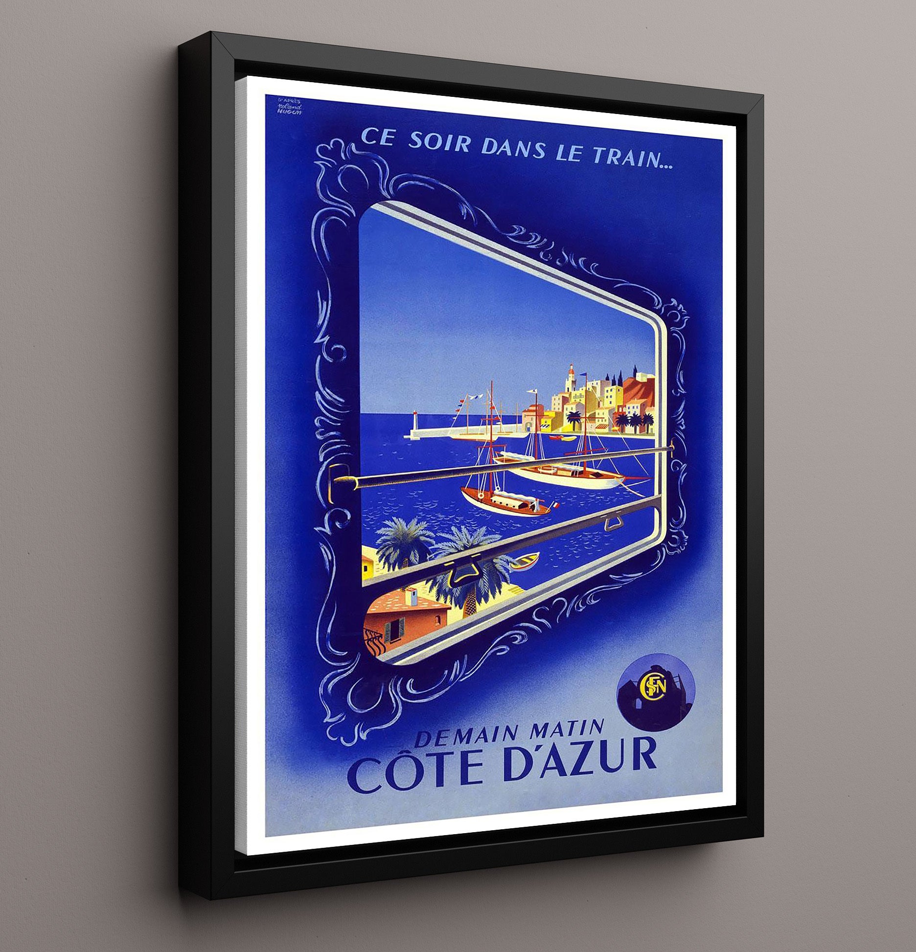 Cote dAzur Train Vintage Travel Print 16x20 Framed Canvas travel wall art print