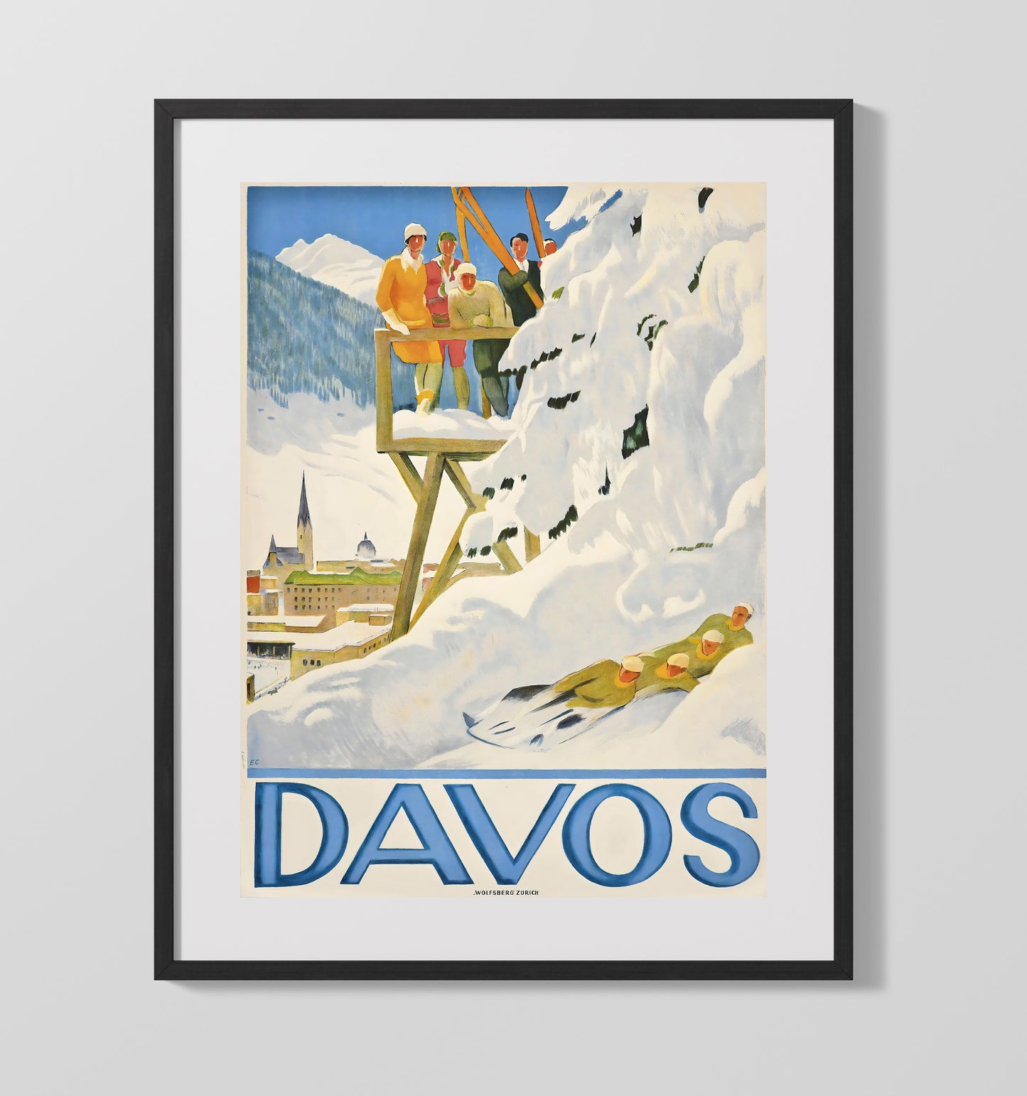 Davos Winter Sports Vintage Travel Print 16x20 Gallery Frame travel wall art print