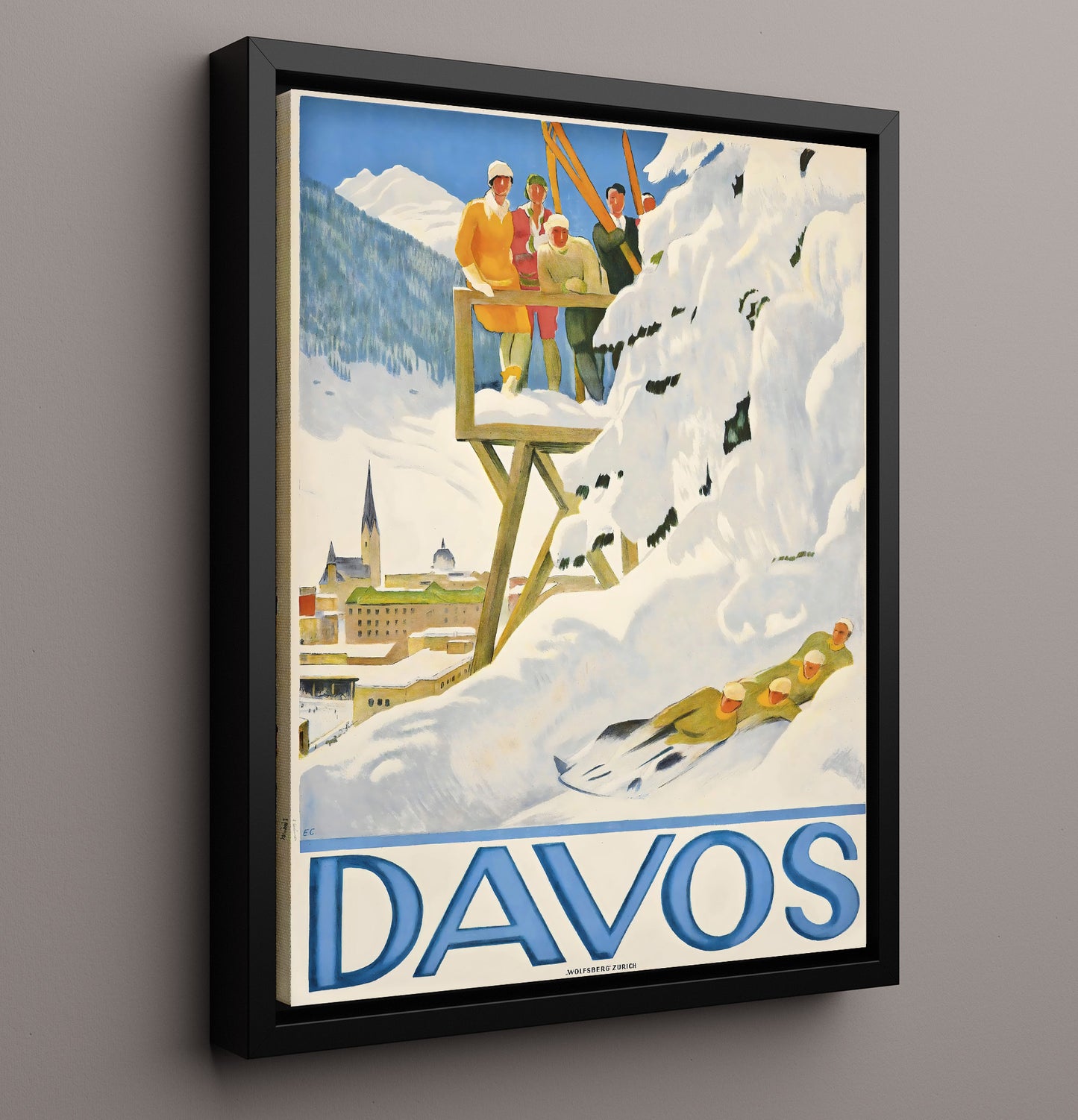 Davos Winter Sports Vintage Travel Print 16x20 Framed Canvas travel wall art print