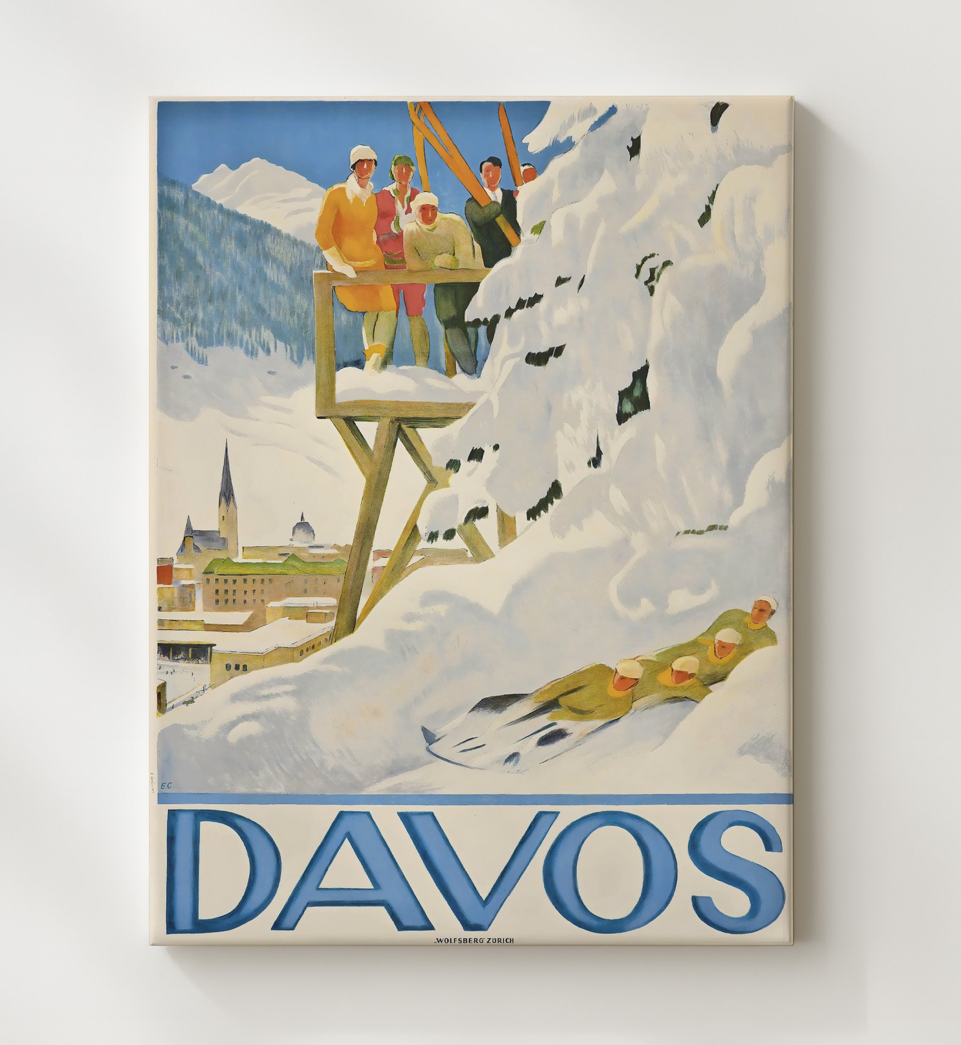 Davos Winter Sports Vintage Travel Print 20x24 Canvas travel wall art print