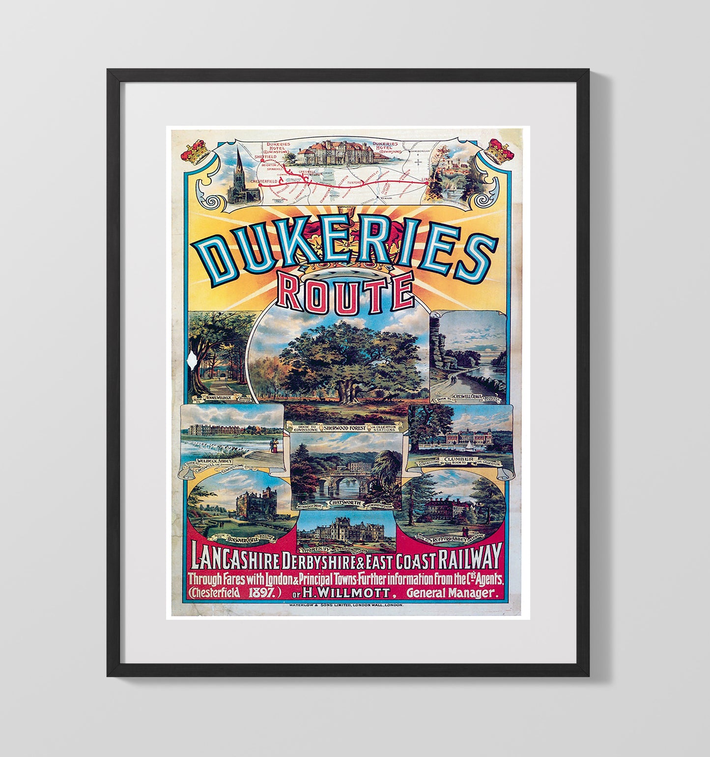 Dukeries Railway Route England Vintage Travel Print 16x20 Gallery Frame travel wall art print