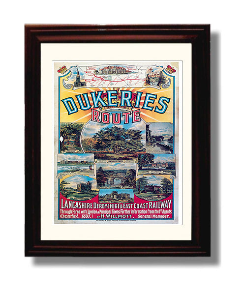 Dukeries Railway Route England Vintage Travel Print 8x10 Beveled Frame travel wall art print