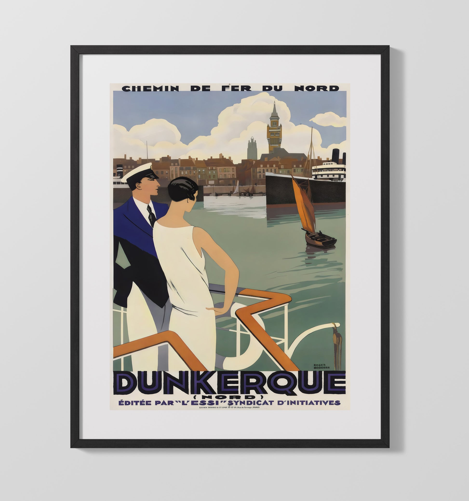 Dunkerque Port Scene Vintage Travel Print 16x20 Gallery Frame travel wall art print
