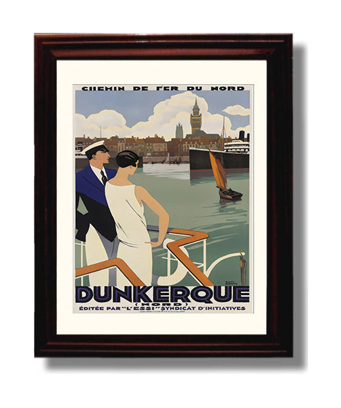 Dunkerque Port Scene Vintage Travel Print 8x10 Beveled Frame travel wall art print